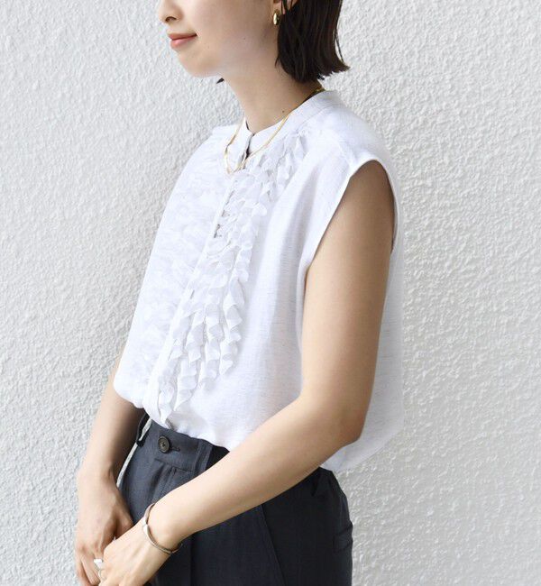 SHIPS for women「〈手洗い可能〉麻混 フロント フリル フレンチスリーブ ブラウス」|シャツ・ブラウス|