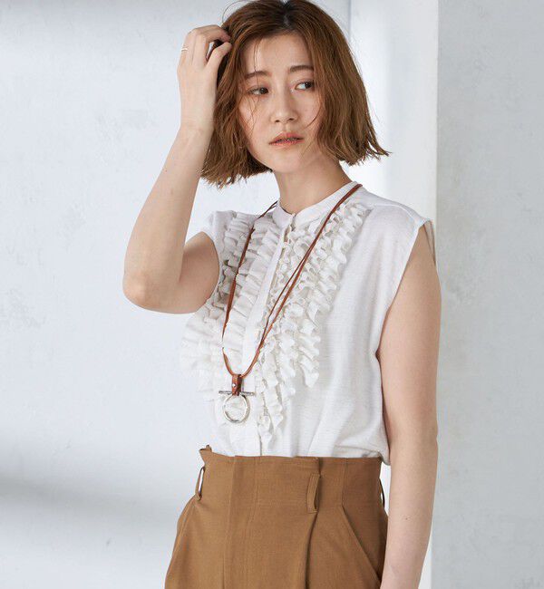 SHIPS for women「〈手洗い可能〉麻混 フロント フリル フレンチスリーブ ブラウス」|シャツ・ブラウス|