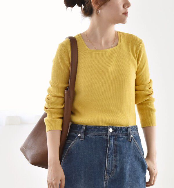 quaranciel「quaranciel:〈手洗い可能〉コットン スクエアネック リブ ニット」|ニット・セーター|イエロー