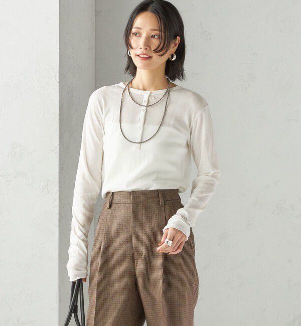 SHIPS for women「《一部追加予約》【SHIPS別注】miller: シアー ヘンリー ネック ロング スリーブ TEE」|Tシャツ・カットソー|