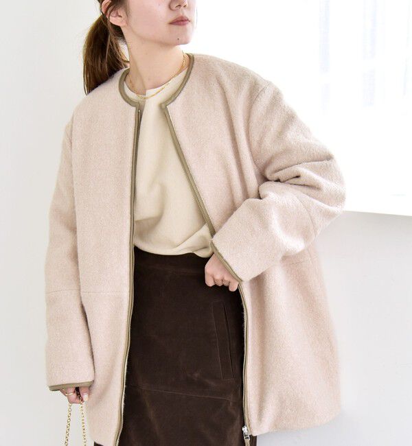 quaranciel「quaranciel: ノーカラー パイピング ジップ コート」|ノーカラーコート|ベージュ