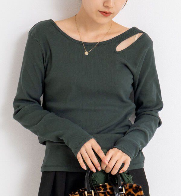 Rie Miller「ウォッシャブルリブカットアウト2WAYロンT」|Tシャツ・カットソー|ダークグリーン