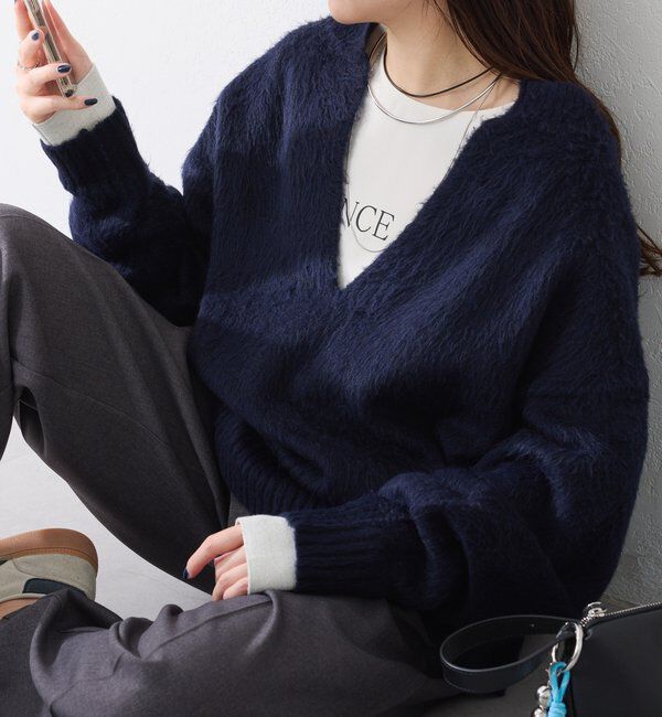  「エアリー深Vニット」|ニット・セーター|ネイビー