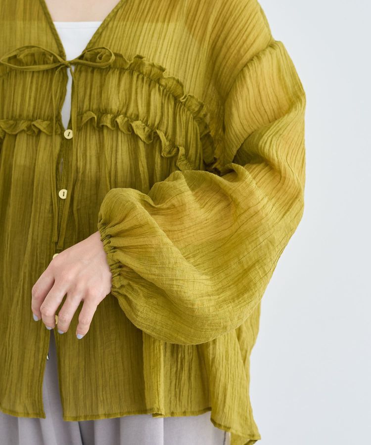 Green Parks「Vネックフリルシアープリーツブラウス」|シャツ・ブラウス|