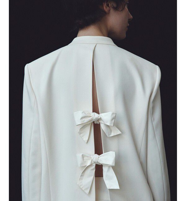 LOULOU WILLOUGHBY「【LOULOU WILLOUGHBY】ダブルクロスノーカラーリボンジャケット」|ノーカラージャケット|アイボリー