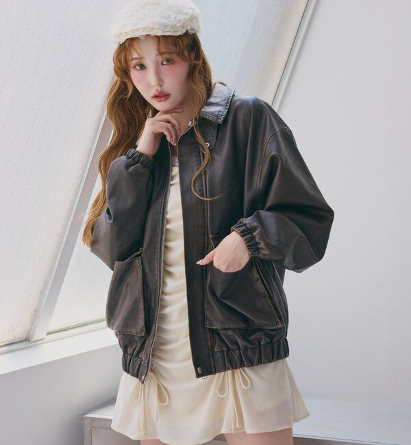  「WEB限定【ロングシーズン活躍！】オーバーサイズ合皮ブルゾン」|ダウンベスト・ベスト|