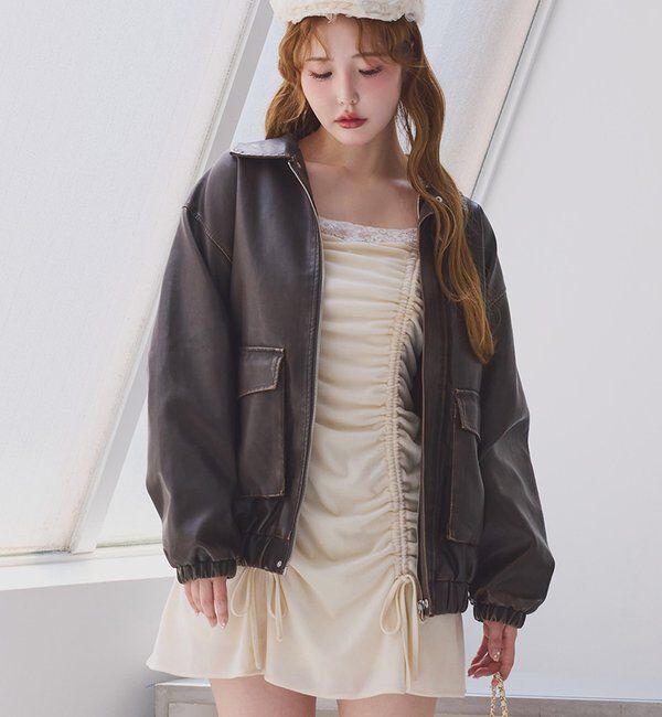  「WEB限定【ロングシーズン活躍！】オーバーサイズ合皮ブルゾン」|ダウンベスト・ベスト|