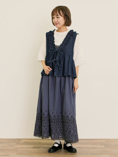Samansa Mos2「刺繍デニムベスト」|ダウンベスト・ベスト|