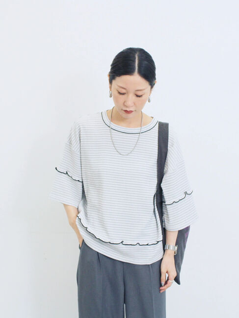 Samansa Mos2 blue「配色メローアソートプルオーバー」|Tシャツ・カットソー|