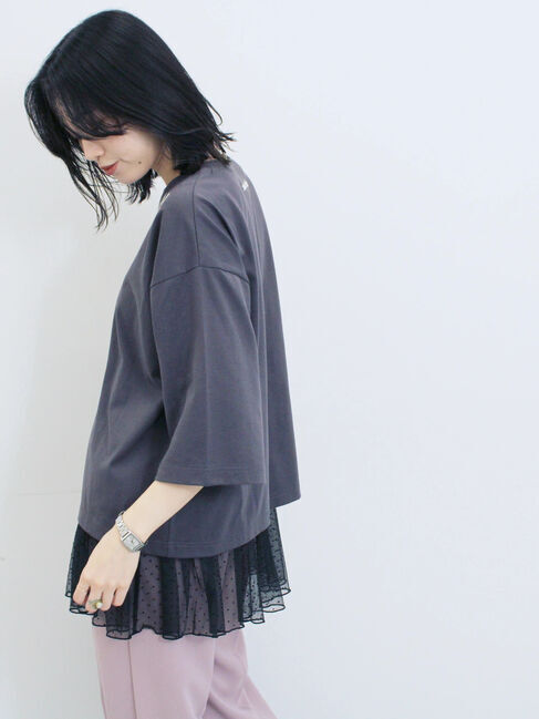 Samansa Mos2 blue「チェーン刺繍7分袖プルオーバー」|Tシャツ・カットソー|