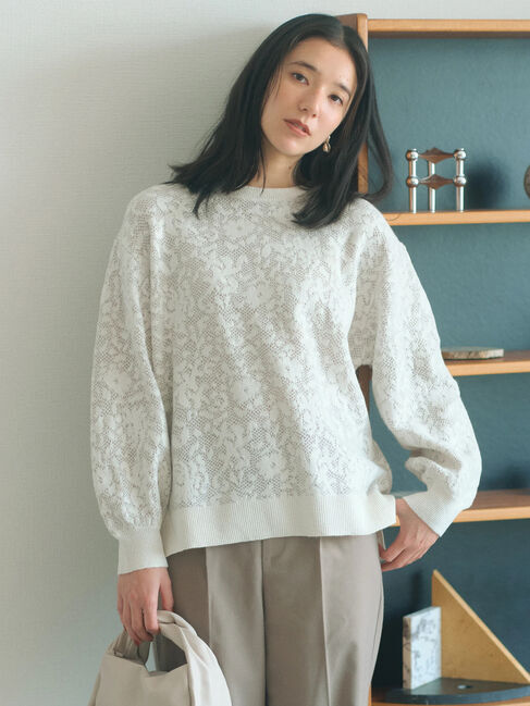 Samansa Mos2 blue「微起毛花ジャガードニットプルオーバー」|ニット・セーター|
