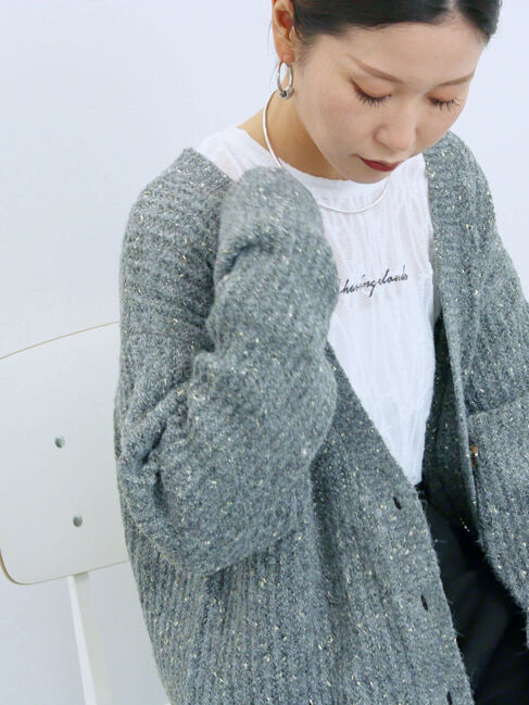 Samansa Mos2 blue「ラメニットVネックカーディガン」|カーディガン|