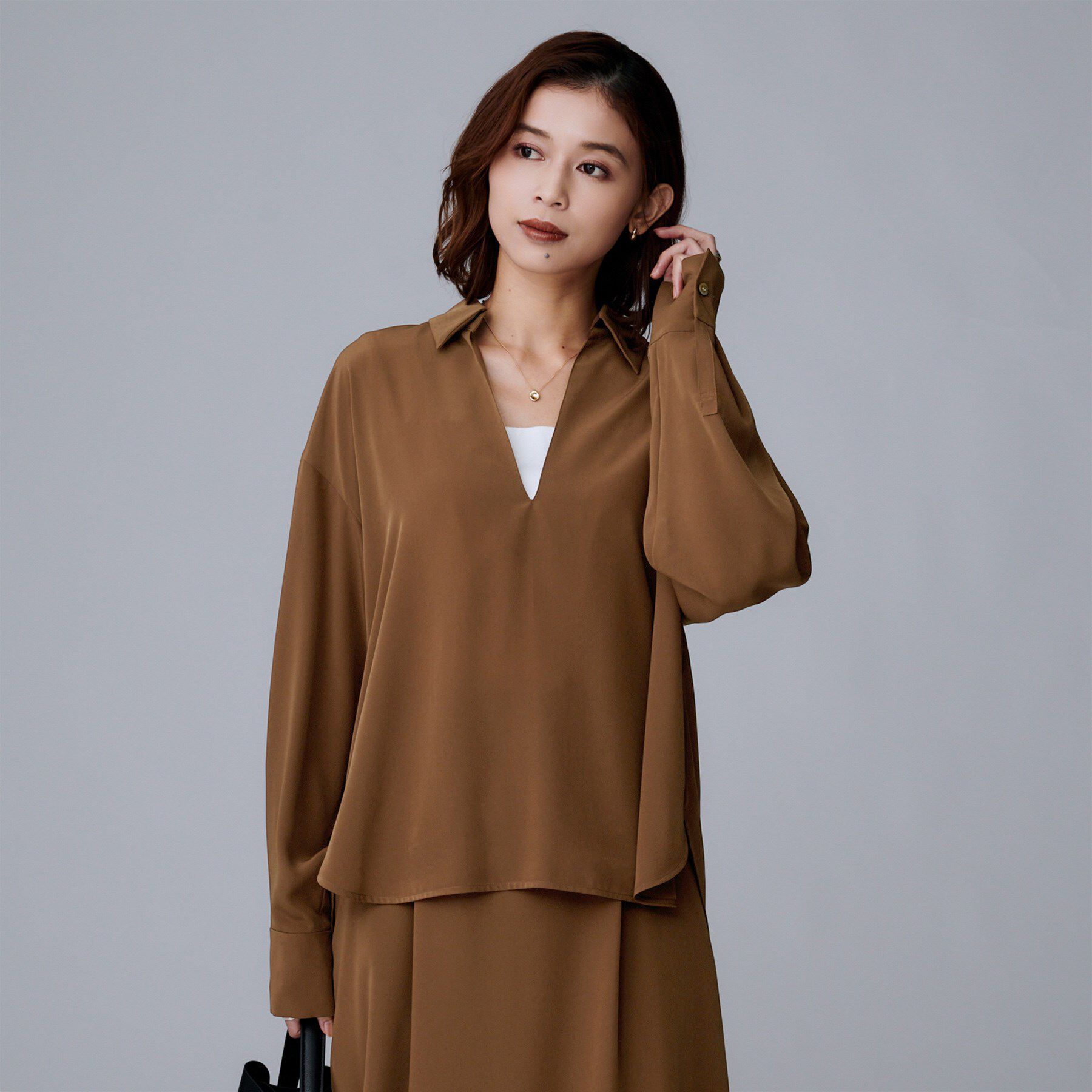 UNTITLED「【セットアップ可/スキッパー/ゆったり】リラクパウダーシャツ」|シャツ・ブラウス|ブラウン(043)