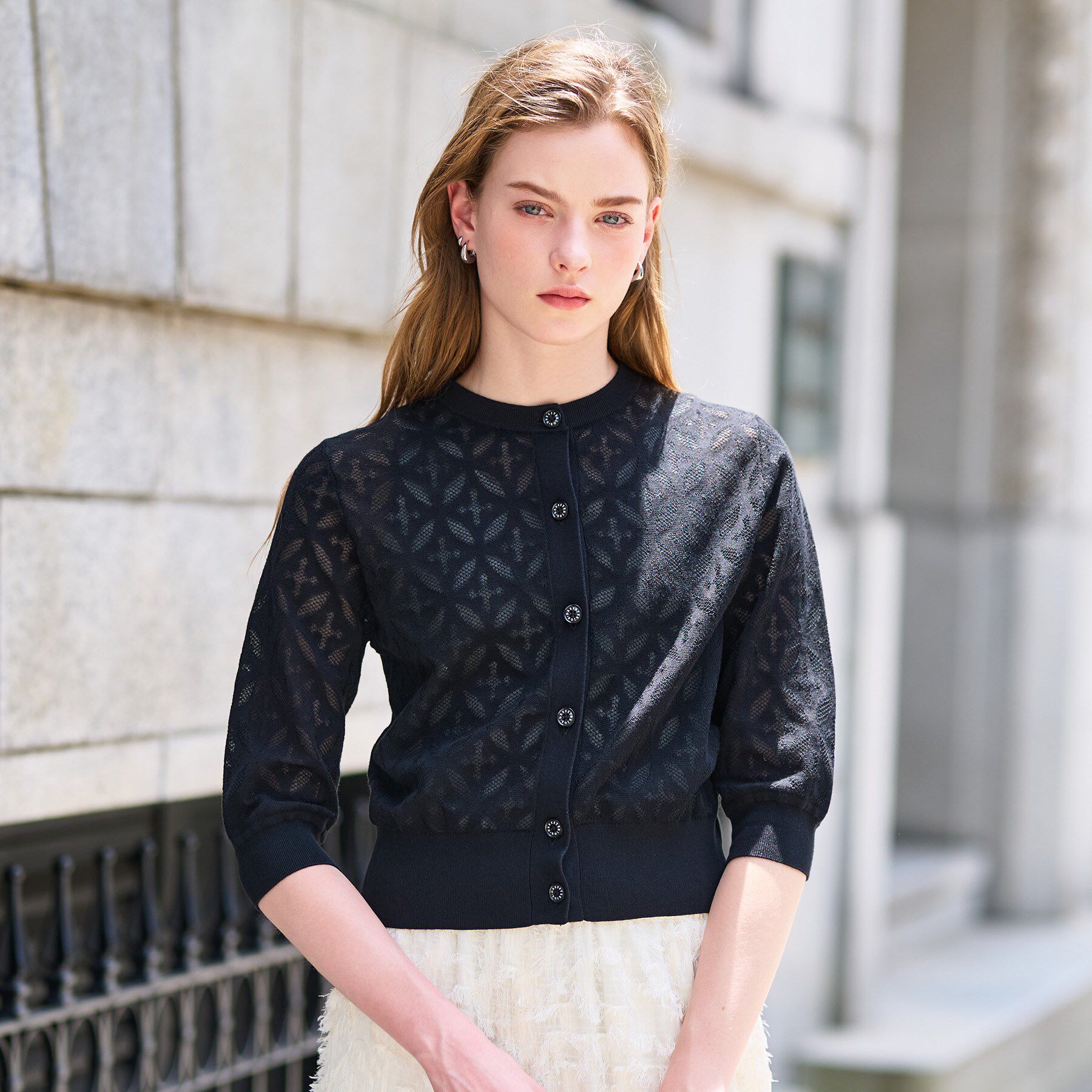 DRESSTERIOR「【洗える/シアー素材】オーバーラップレースハーフスリーブ」|カーディガン|