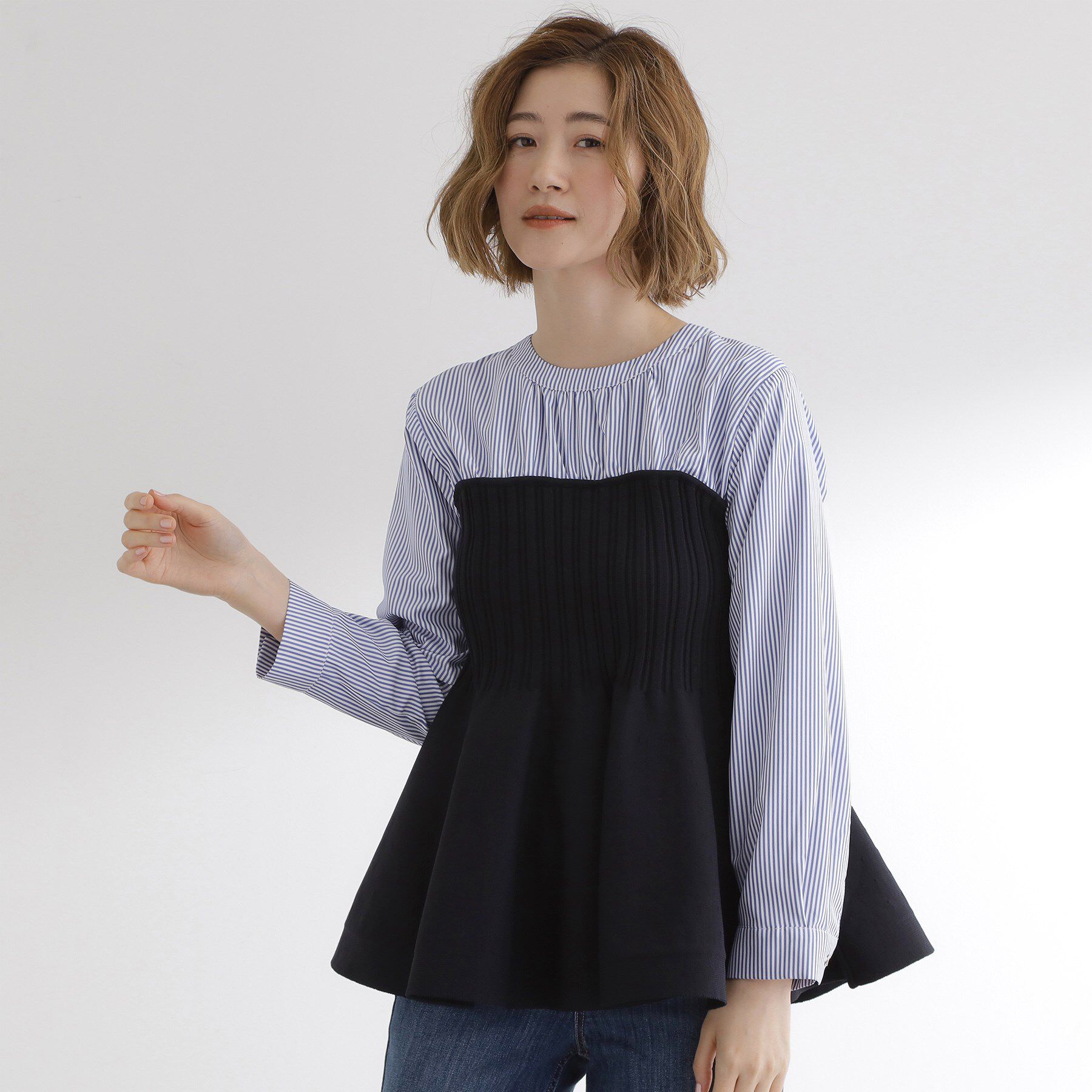 grove「一枚でトレンド完成！体型カバーも叶うニットビスチェドッキングブラウス」|シャツ・ブラウス|ブルーストライプ&times;ネ