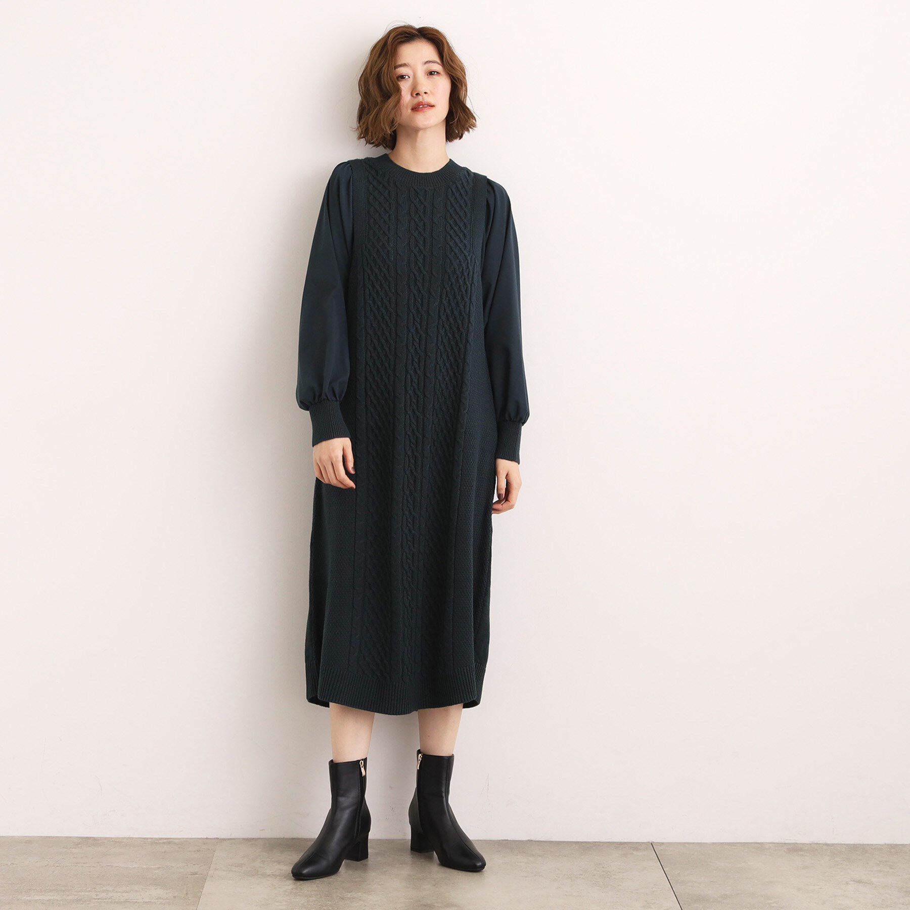 grove「一枚で華やぐ、袖布帛ケーブルニットワンピース」|ワンピース|