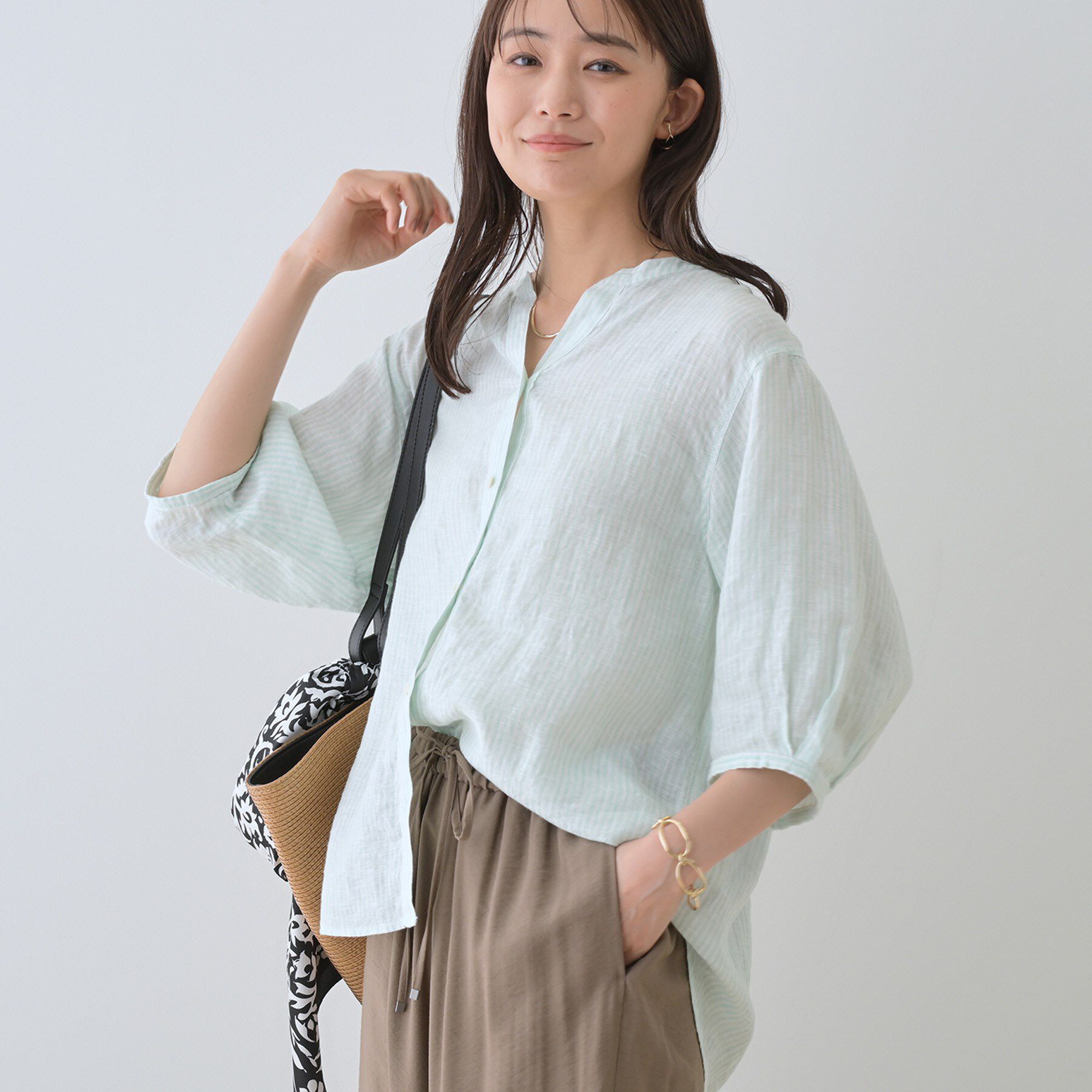 INDIVI「【毎年人気！／フレンチリネン】5分袖バンドカラーブラウス」|シャツ・ブラウス|