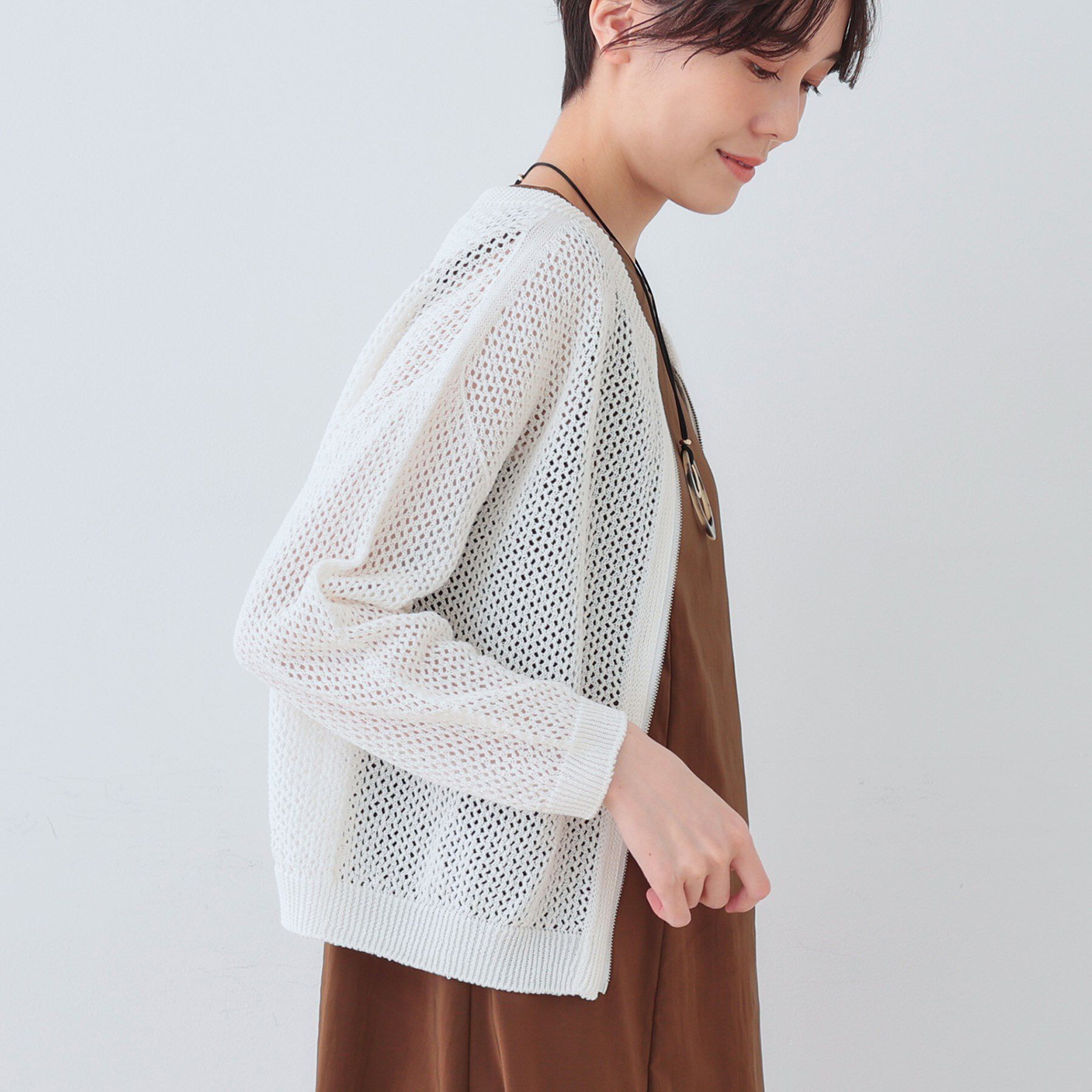 INDIVI「【洗える／コットン100％】メッシュ柄ニットブルゾン」|カーディガン|