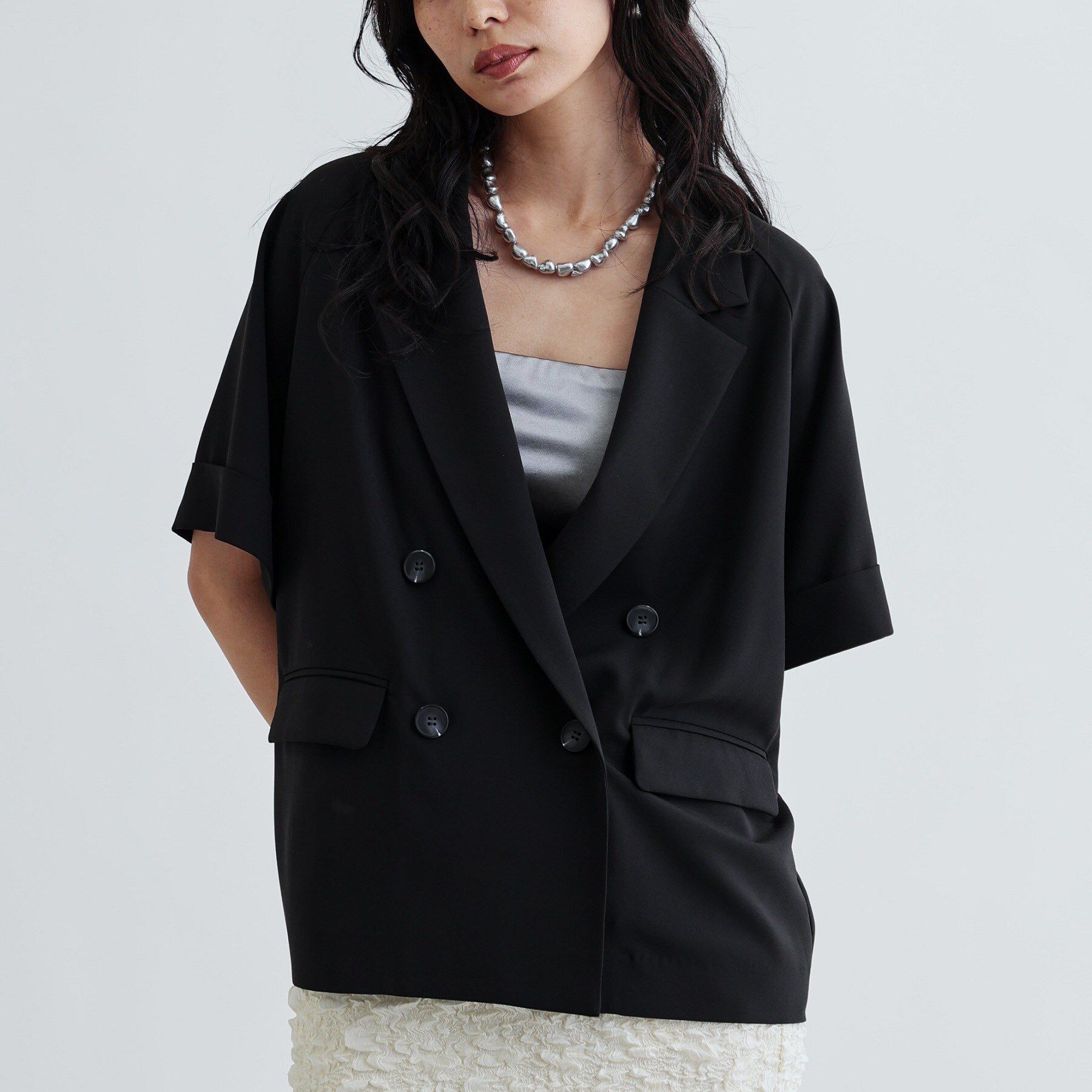 GALLEST「【セットアップ対応】イージーダブルブレスト半袖ジャケット」|テーラードジャケット|ブラック(019)