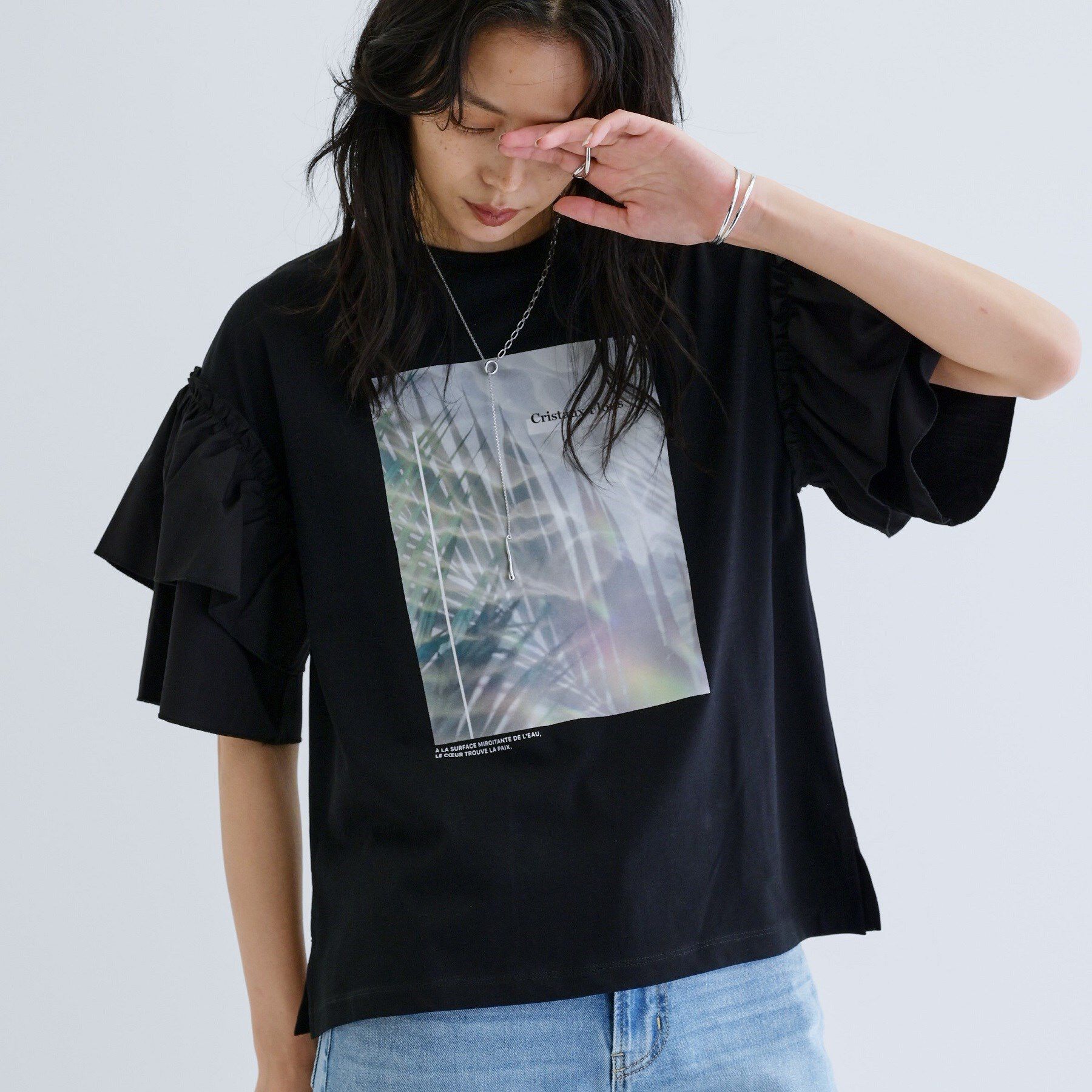 GALLEST「フリルスリーブプリントカットソー」|Tシャツ・カットソー|ブラック(019)