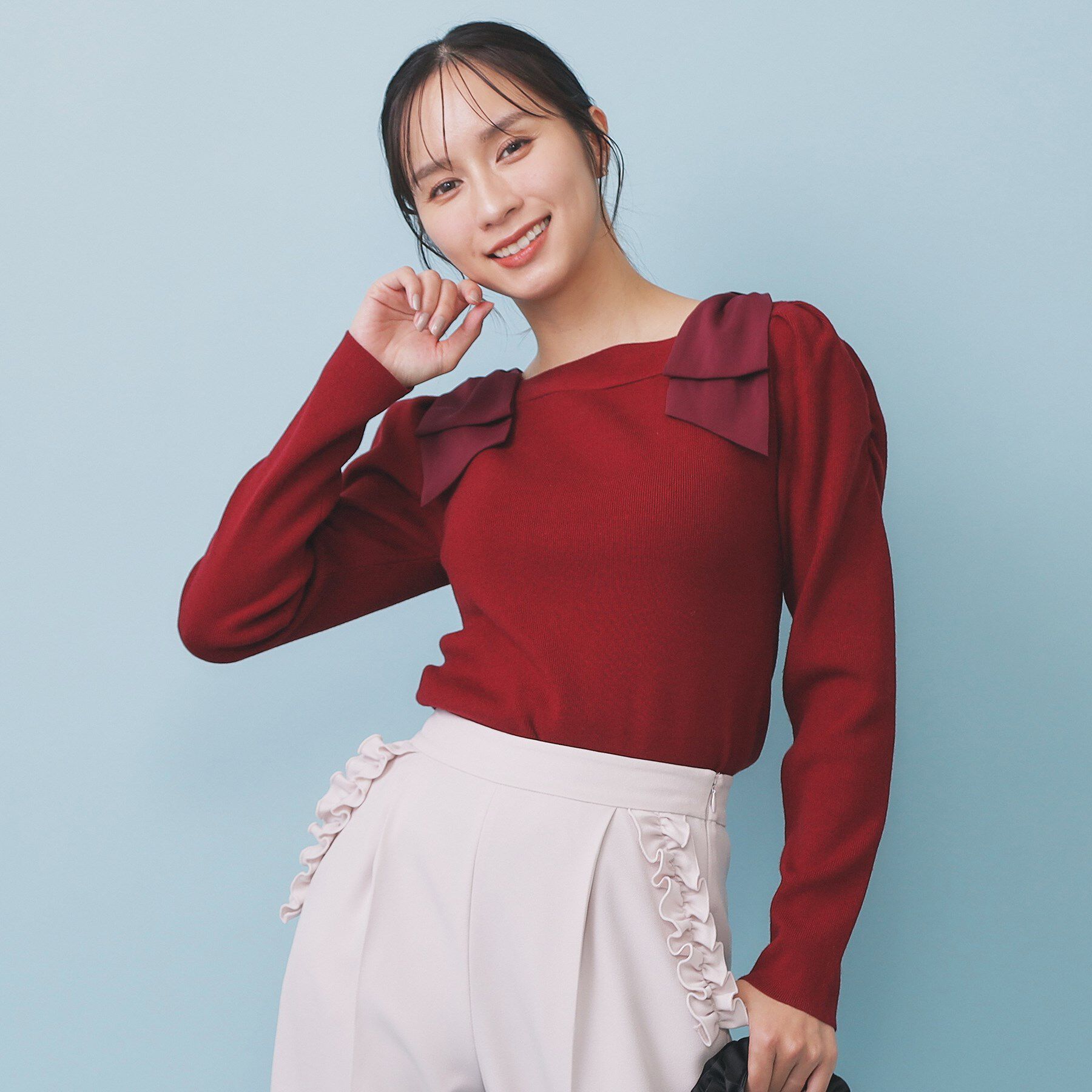 index「ショルダービッグリボンスクエアニット【洗濯機OK】」|ニット・セーター|ボルドー(064)