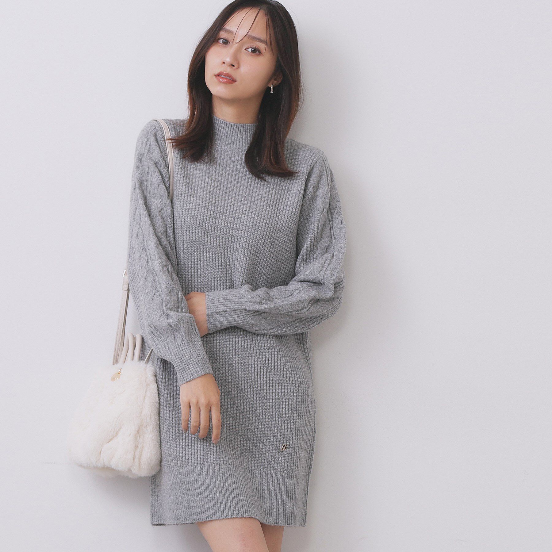 index「ウール混ケーブルスリーブミニワンピース【洗濯機OK】」|ワンピース|グレー(012)