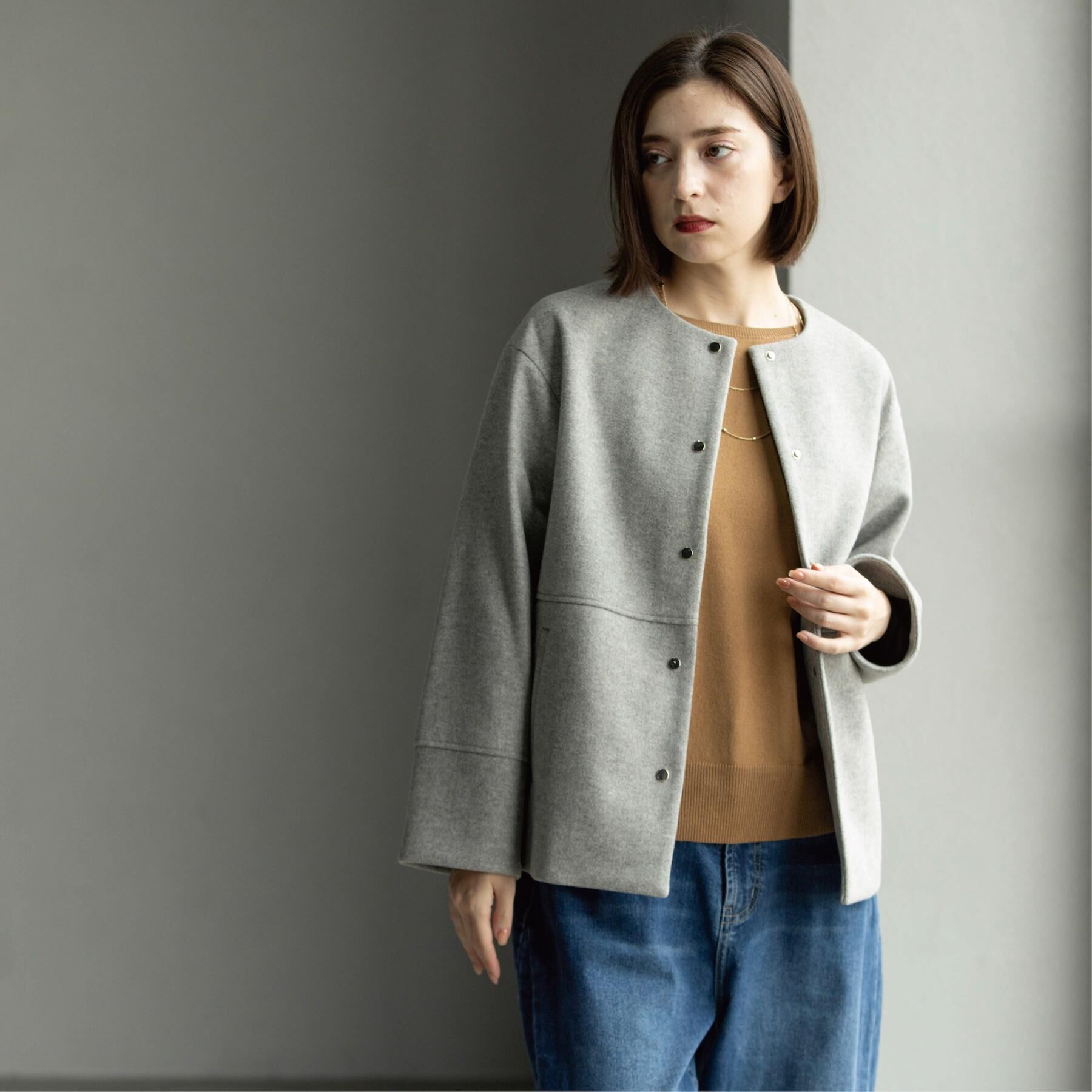 OPAQUE.CLIP「ウールライクメルトンノーカラーコート【洗濯機洗い可】」|ノーカラーコート|