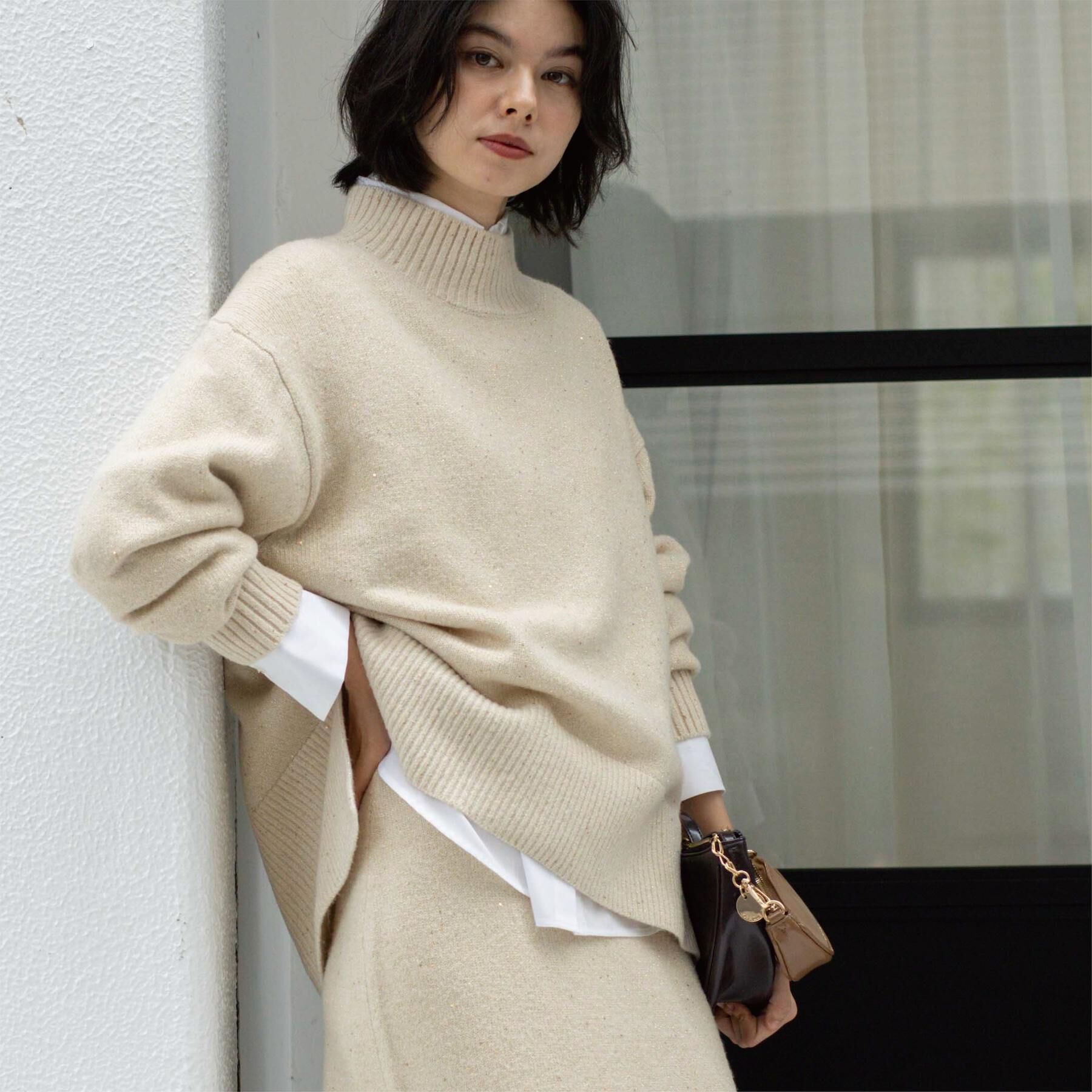 OPAQUE.CLIP「ラメスパンコールハイネックニット/セットアップ対応可【洗濯機OK】」|ニット・セーター|ベージュ(652)