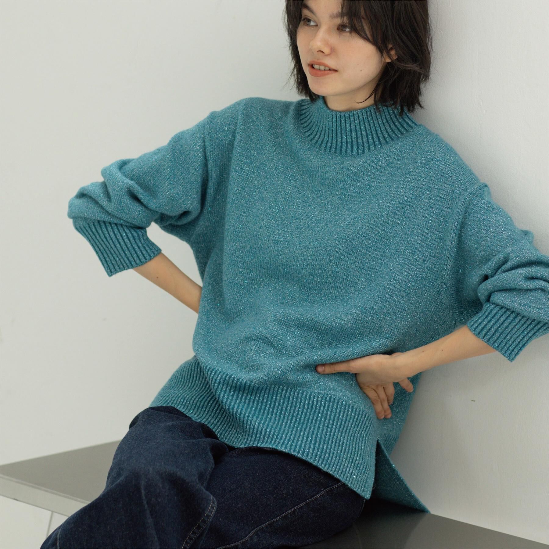 OPAQUE.CLIP「ラメスパンコールハイネックニット/セットアップ対応可【洗濯機OK】」|ニット・セーター|ブルーグリーン(69