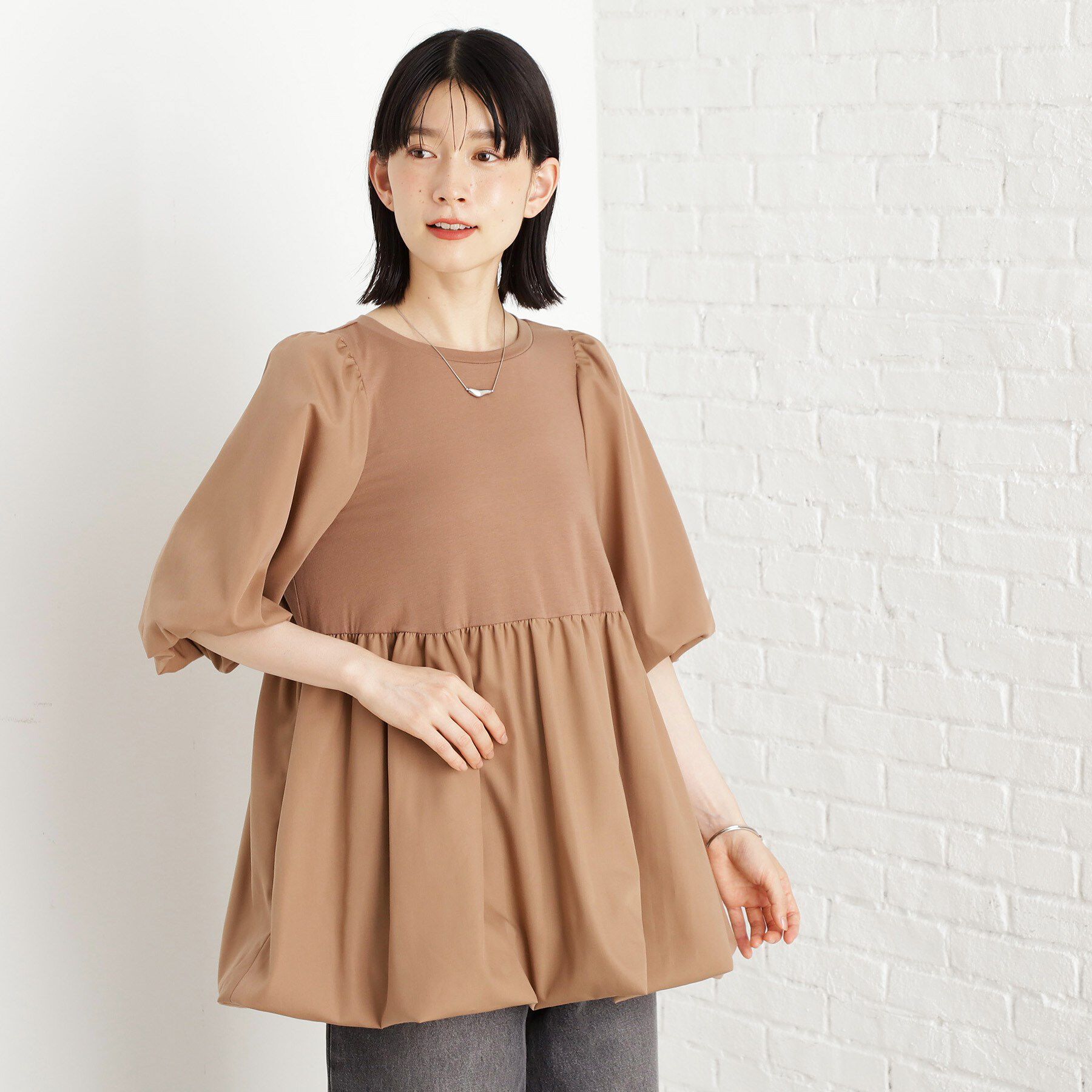 THE SHOP TK「バルーンスリーブペプラムチュニック【洗える】」|Tシャツ・カットソー|モカブラウン(042