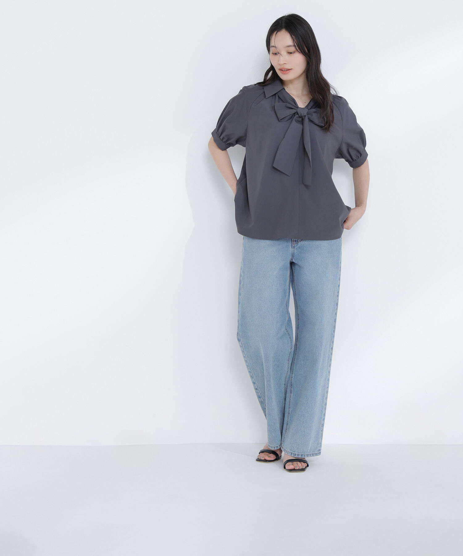  「スキッパーリボンタイブラウス半袖」|シャツ・ブラウス|