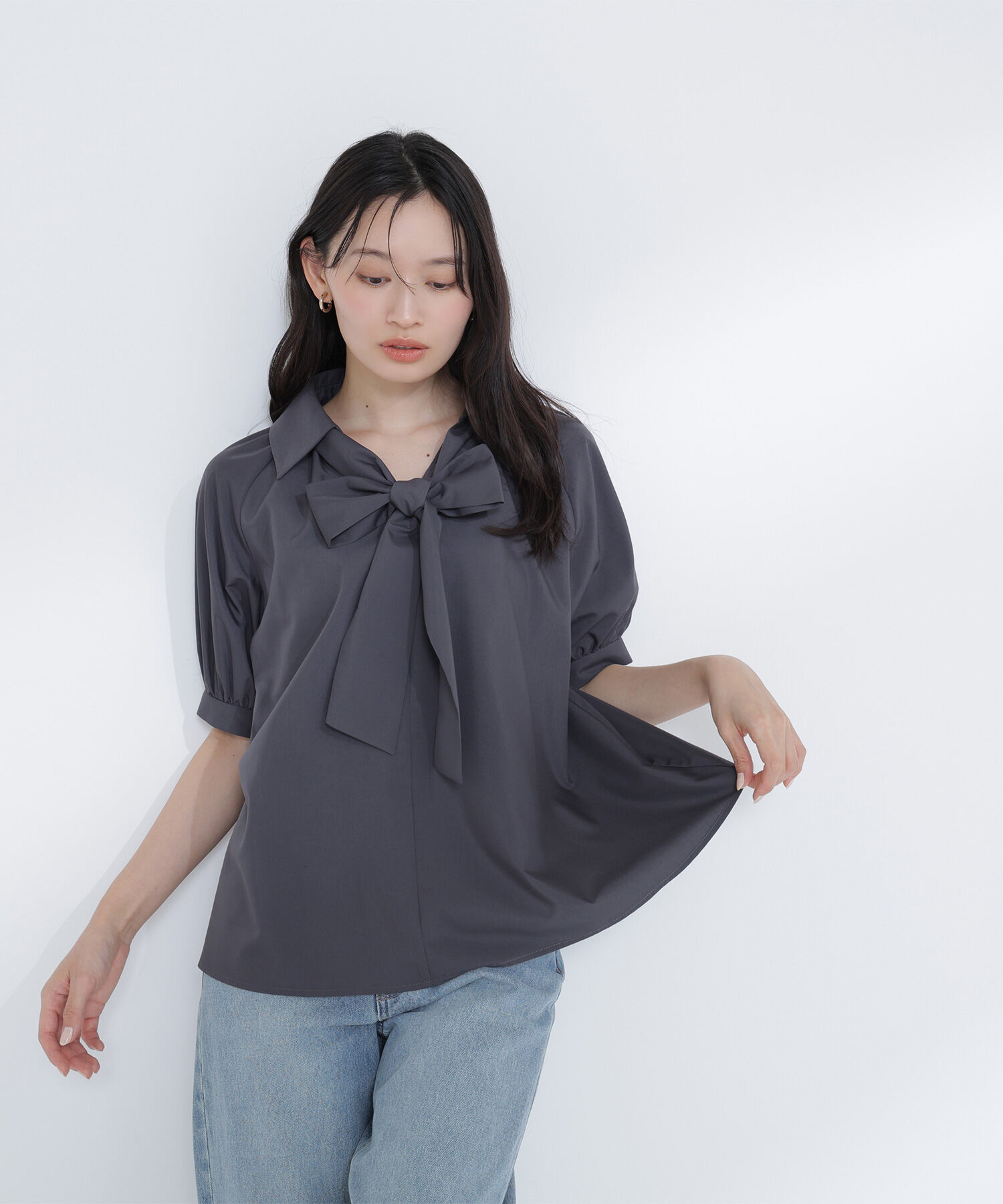  「スキッパーリボンタイブラウス半袖」|シャツ・ブラウス|