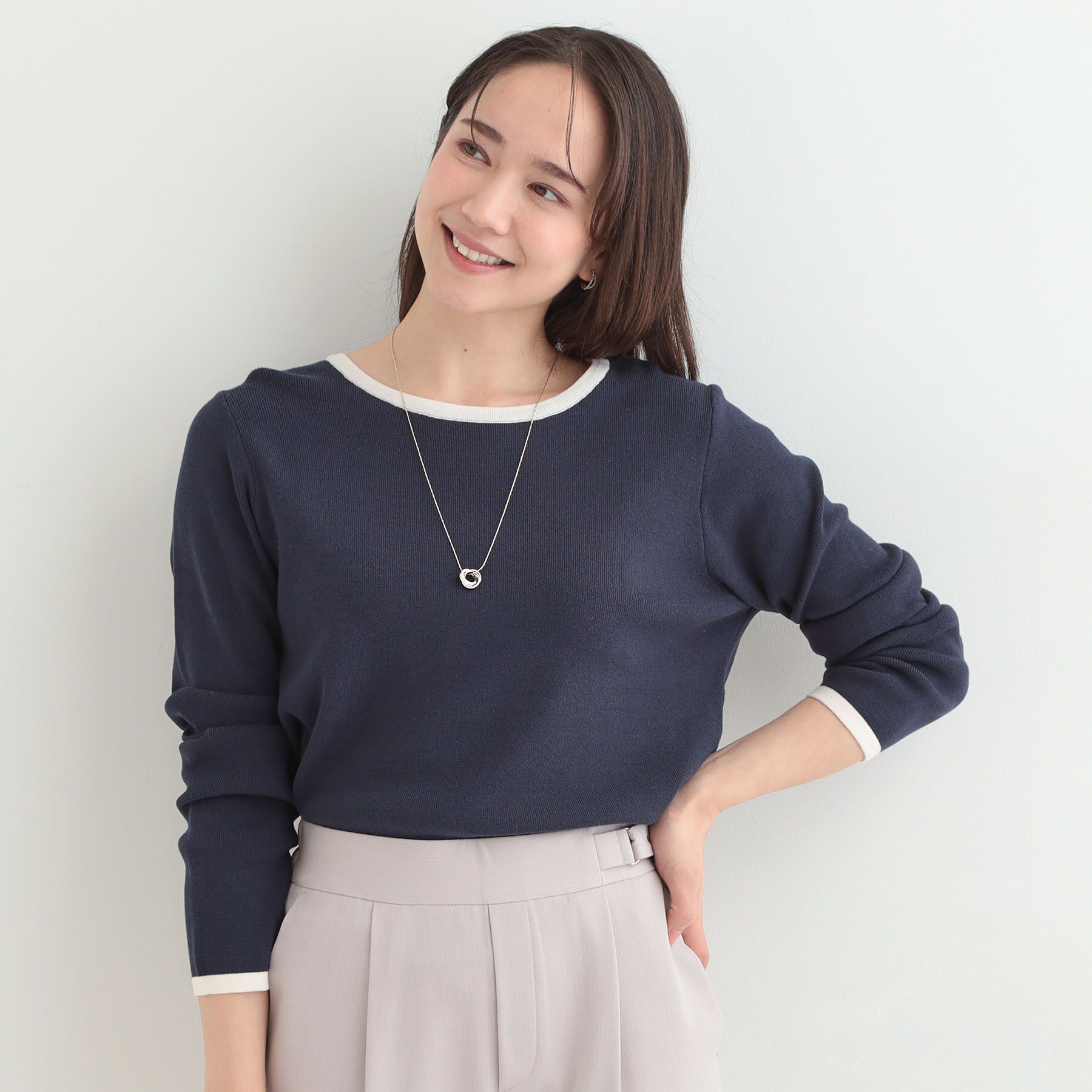 SHOO･LA･RUE「【洗濯機可/S-LL/アンサンブル可】配色クルーネックニット」|ニット・セーター|