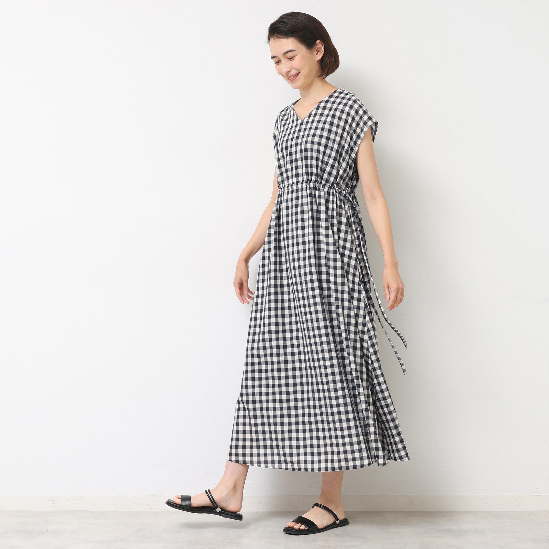 Dessin「【リンクコーデ・洗える】ウエストドロスト付きチェック柄ワンピース」|ワンピース|