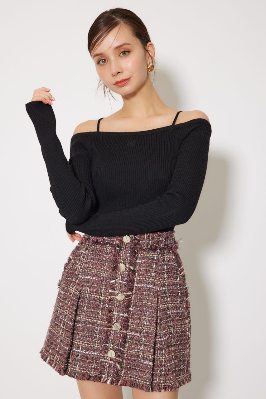 rienda「Rロゴバックリボンオフショルニットトップス」|ニット・セーター|BLK