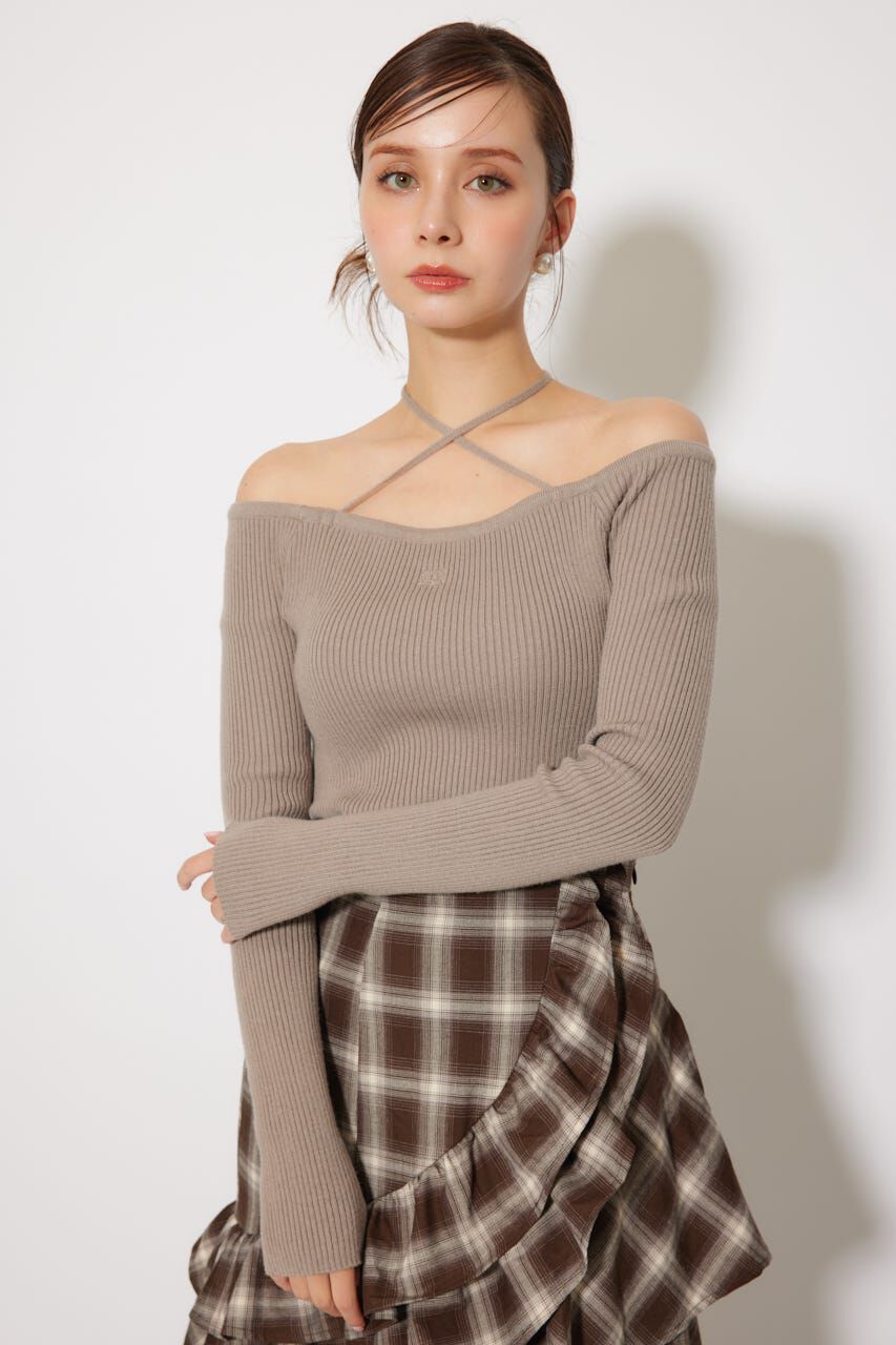 rienda「Rロゴバックリボンオフショルニットトップス」|ニット・セーター|