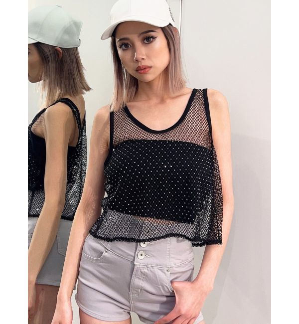 GYDA「メッシュラインストーントップス」|タンクトップ|ブラック