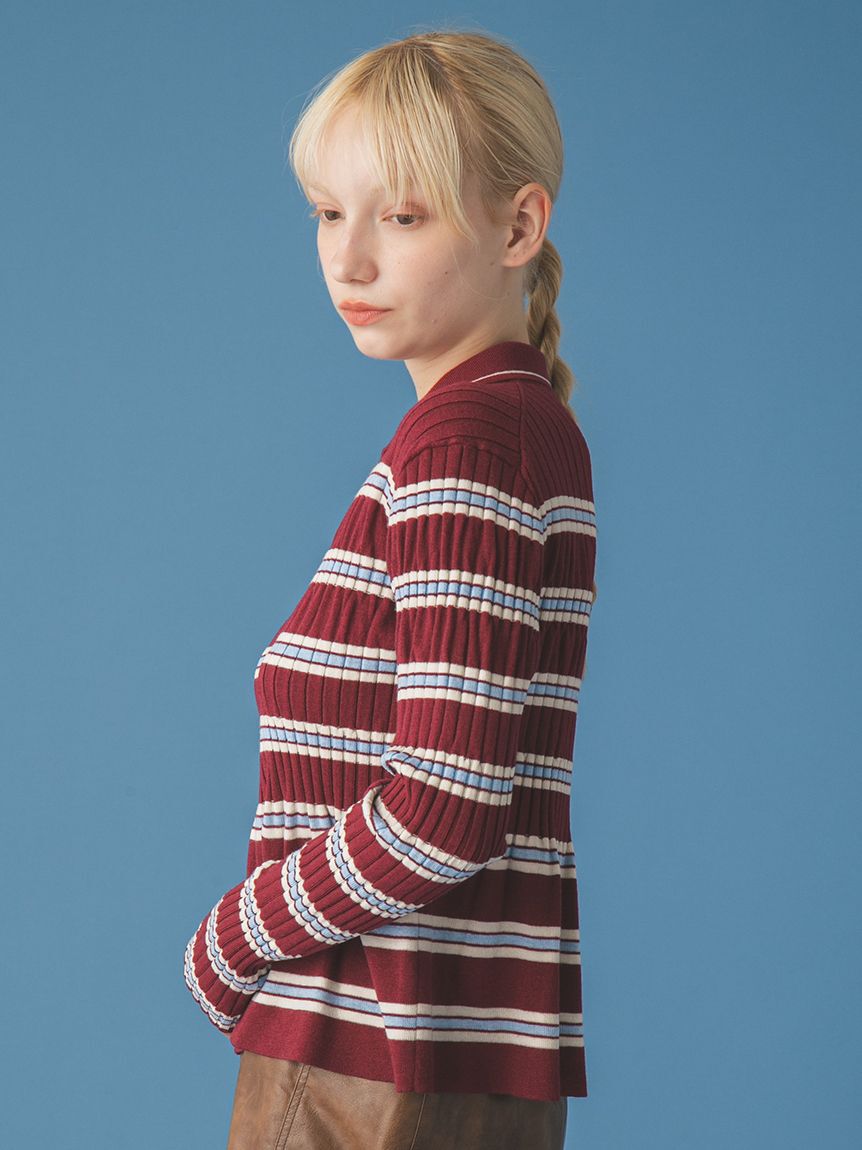 FURFUR「ボーダーペプラムポロニットトップス」|ニット・セーター|