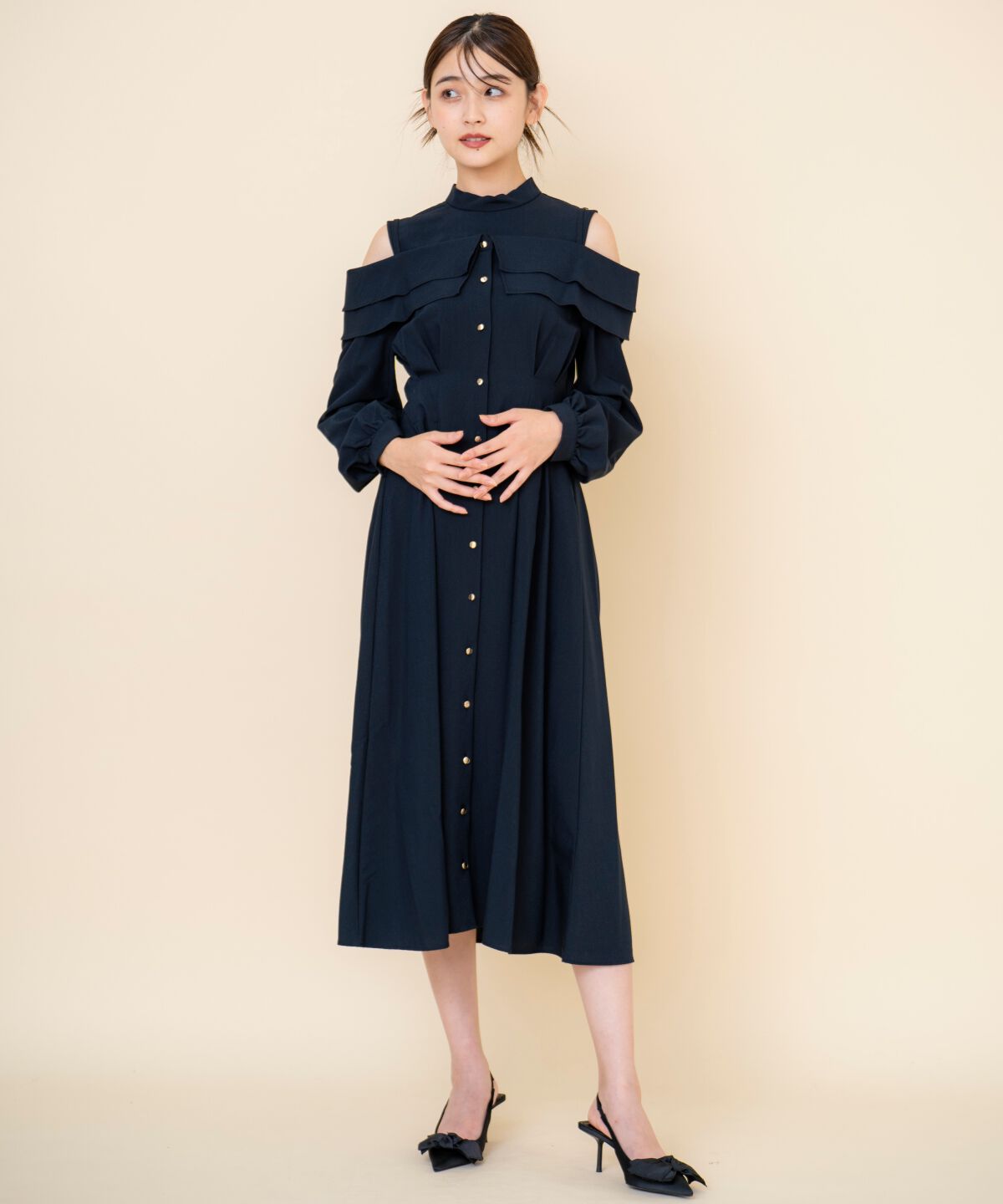 REDYAZEL「オープンショルダーシャツワンピース」|ワンピース|ネイビー