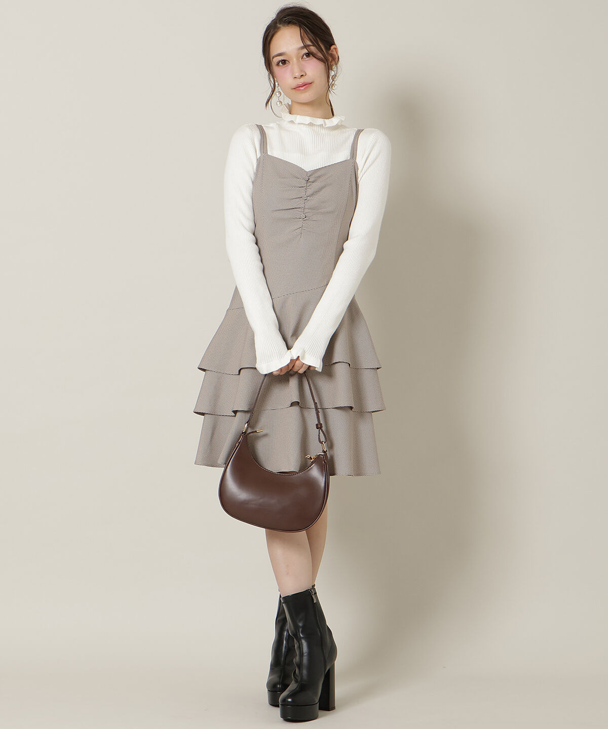 WILLSELECTION「ダブルストラップアシンメトリーワンピース」|ワンピース|茶系チェック