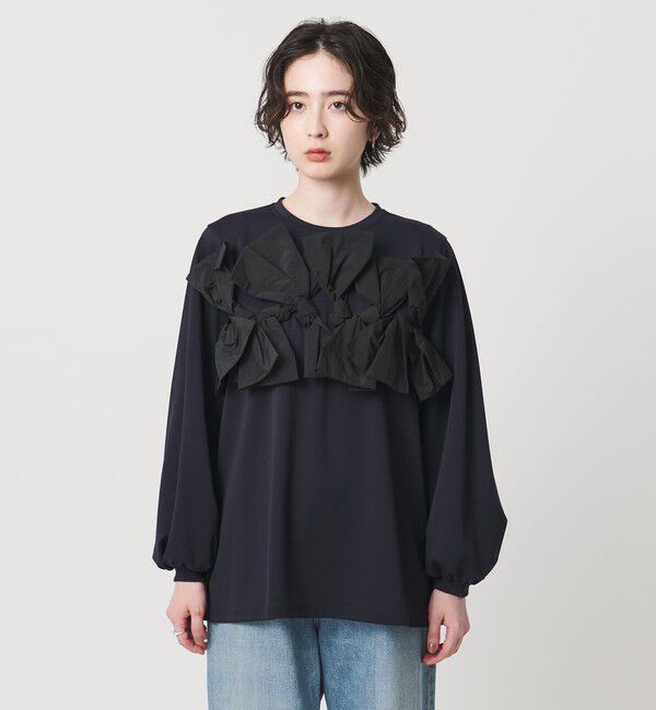 UNITED ARROWS「リボン コンビ パフスリーブ カットソー ‐ウォッシャブル‐」|Tシャツ・カットソー|