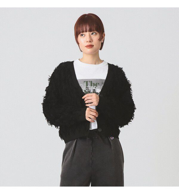 Ray BEAMS 「カット ジャカード フリンジ Vネック カーディガン」|カーディガン|BLACK