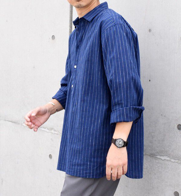 SHIPS any「SHIPS any: 〈洗濯機可能〉コットン / リネン ブルー ストライプ 7分袖 プルオーバーシャツ◇」|シャツ・ブラウス|