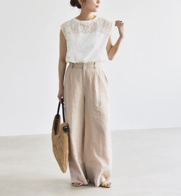 quaranciel「quaranciel:〈洗濯機可能〉リネン ミックス ワイド タック イージー パンツ」|スラックス|