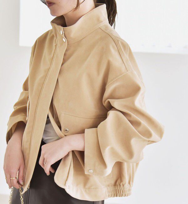 quaranciel「quaranciel〈洗濯機可能〉ポリエステル スエード スタンドカラー ジップ ショート ブルゾン」|ブルゾン・スタジャン|