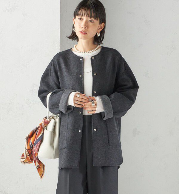 SHIPS for women「セミ 梳毛 配色 リバーシブル ノーカラー ショート コート」|ノーカラーコート|