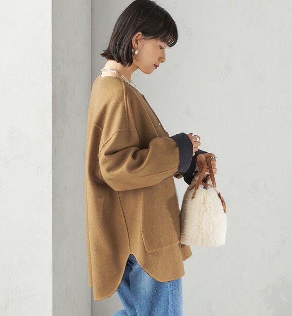 SHIPS for women「セミ 梳毛 配色 リバーシブル ノーカラー ショート コート」|ノーカラーコート|