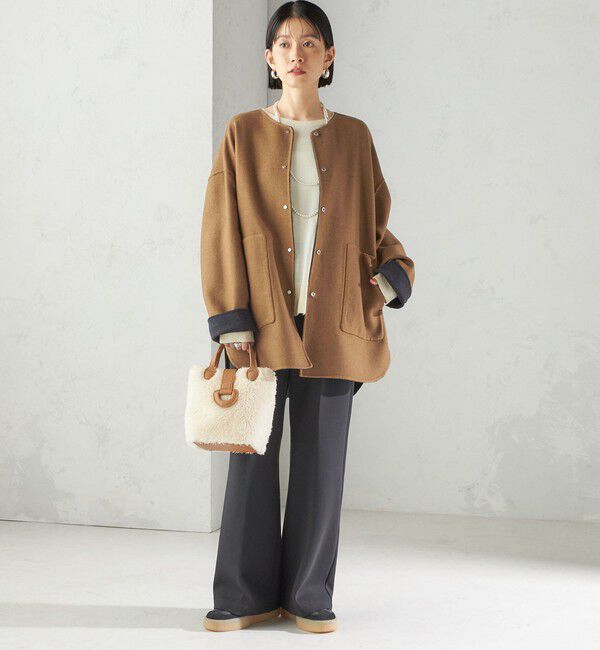 SHIPS for women「セミ 梳毛 配色 リバーシブル ノーカラー ショート コート」|ノーカラーコート|