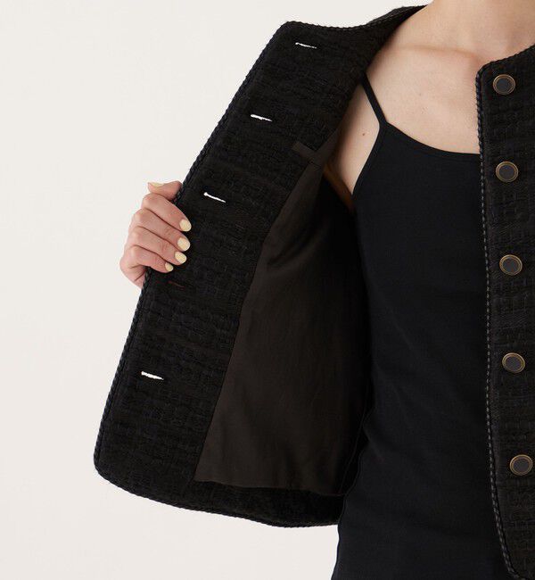 DES PRES「シックツイード クルーネックジャケット」|ノーカラージャケット|