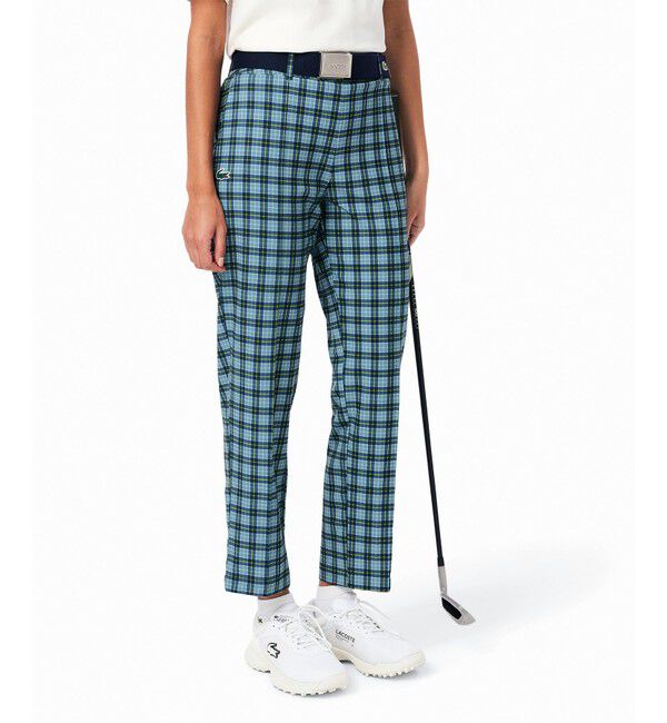 LACOSTE「UPF30+ UVカット センタークリース ストレッチテーパードスリムパンツ / ゴルフパンツ」|チノ|ダークブルー